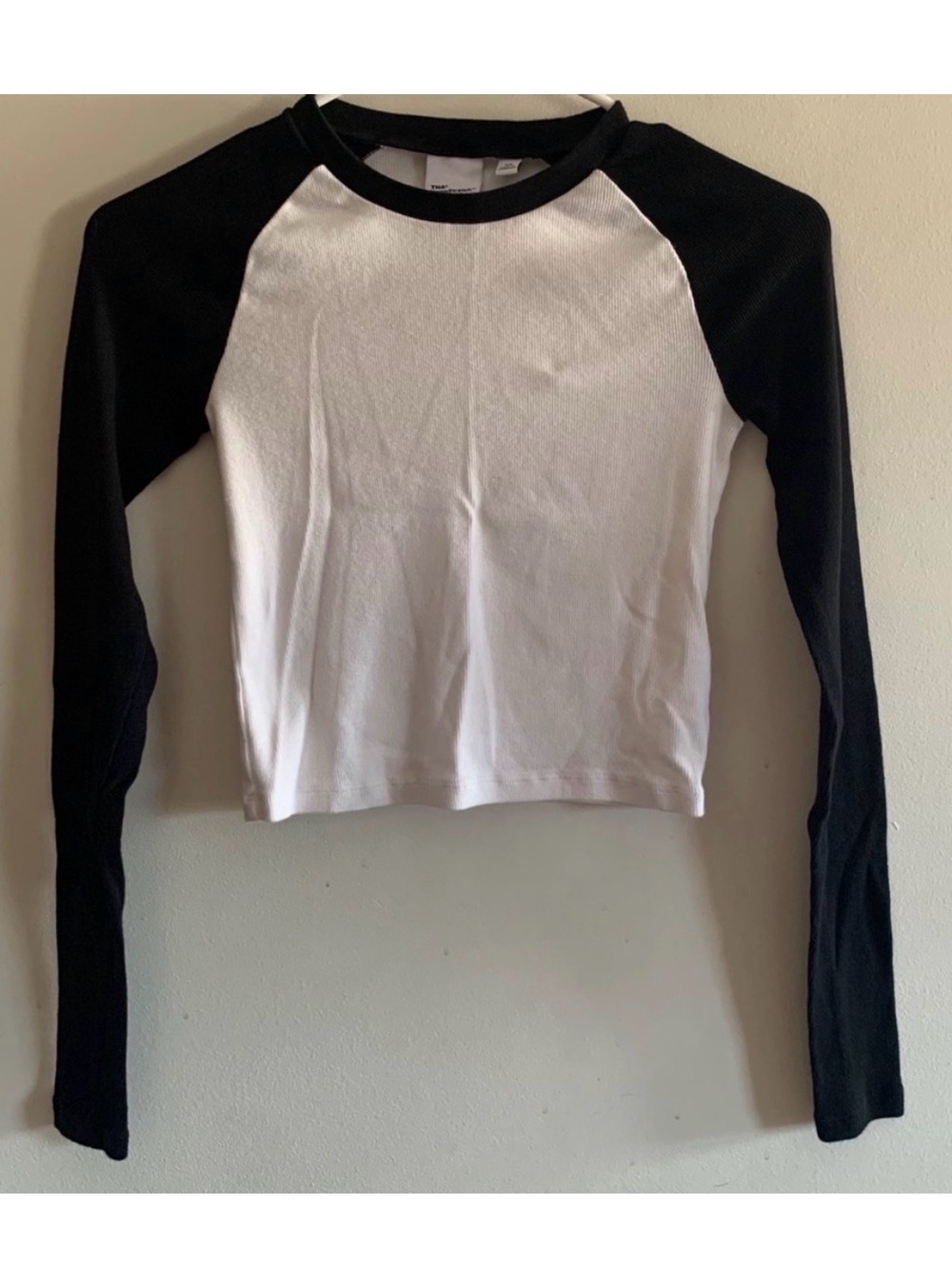 TNA White Ribbed Crop Top with Black Trim baseball tee
